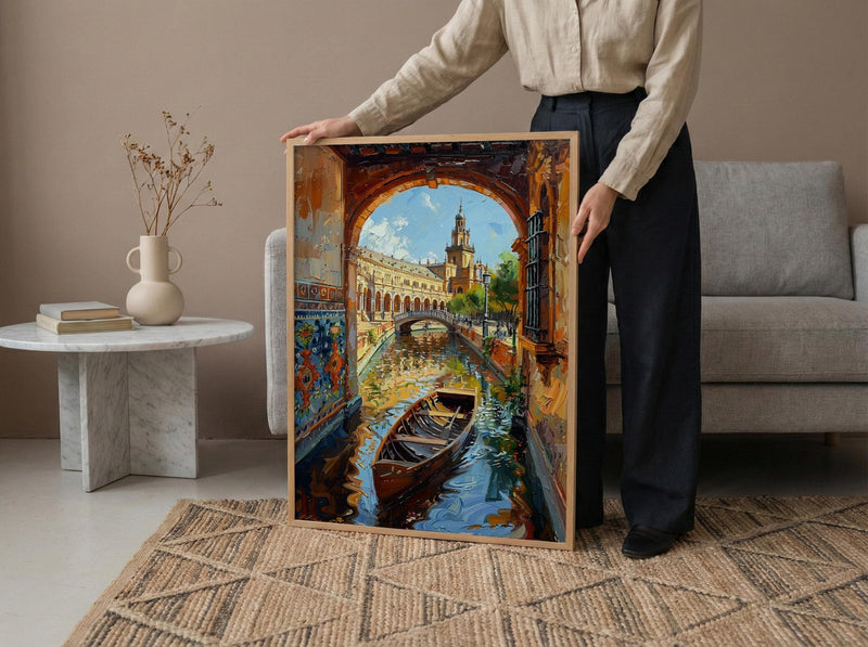Seville Wall Art, Plaza de Espana Print, Spain Travel Poster, Impasto Oil Painting, Romantic Boat Ride, Andalusian Decor, Gold