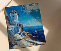 Mykonos Wall Art, Greek Island Print, Windmill Decor, Impasto Oil Painting, Blue and White, Minimalist Travel Art, Aegean, Engagement Gift