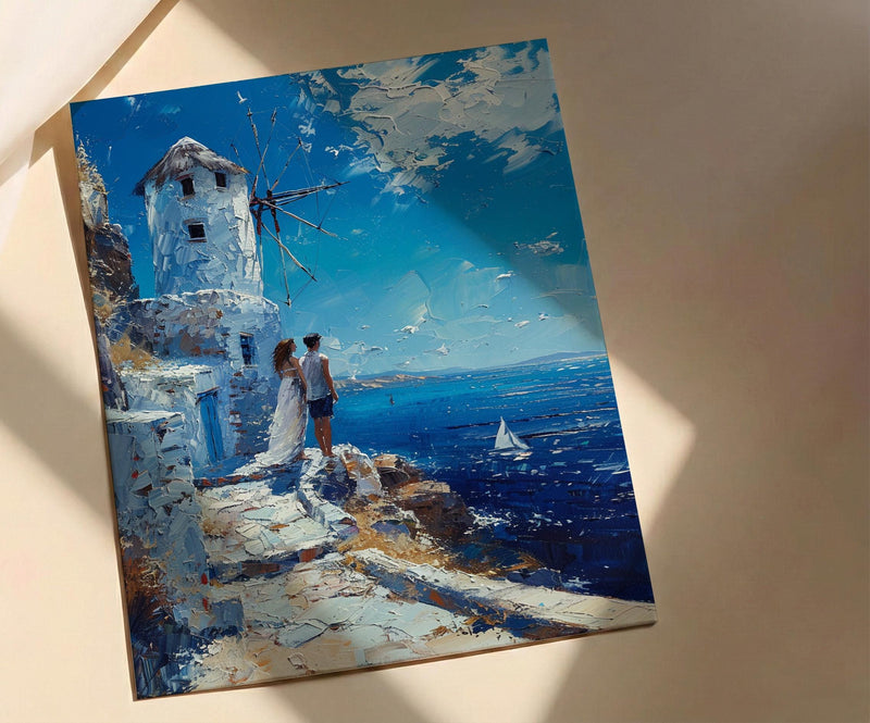 Mykonos Wall Art, Greek Island Print, Windmill Decor, Impasto Oil Painting, Blue and White, Minimalist Travel Art, Aegean, Engagement Gift