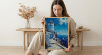 Mykonos Wall Art, Greek Island Print, Windmill Decor, Impasto Oil Painting, Blue and White, Minimalist Travel Art, Aegean, Engagement Gift