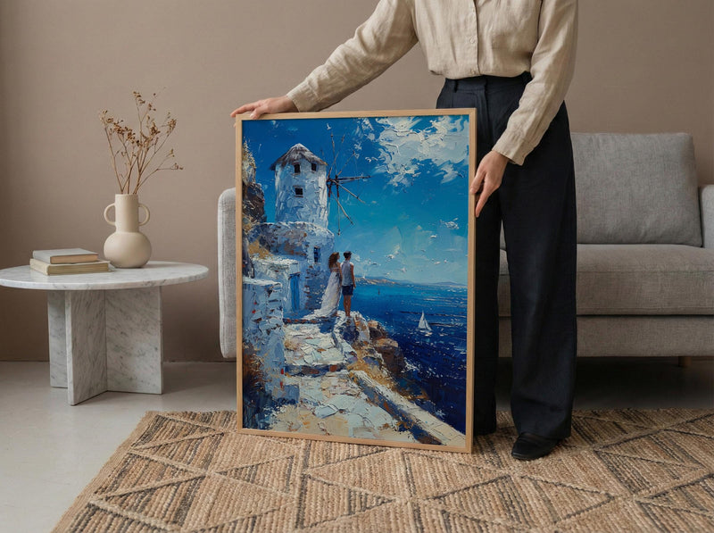 Mykonos Wall Art, Greek Island Print, Windmill Decor, Impasto Oil Painting, Blue and White, Minimalist Travel Art, Aegean, Engagement Gift