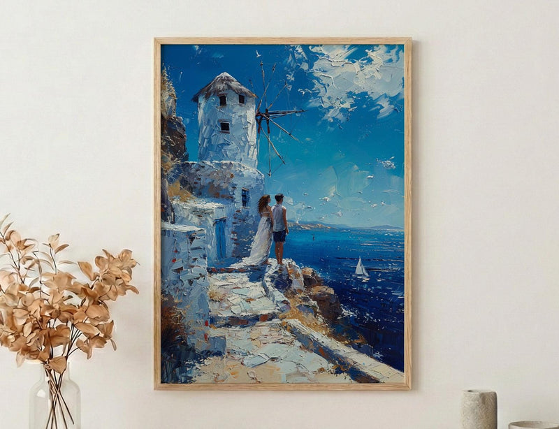 Mykonos Wall Art, Greek Island Print, Windmill Decor, Impasto Oil Painting, Blue and White, Minimalist Travel Art, Aegean, Engagement Gift