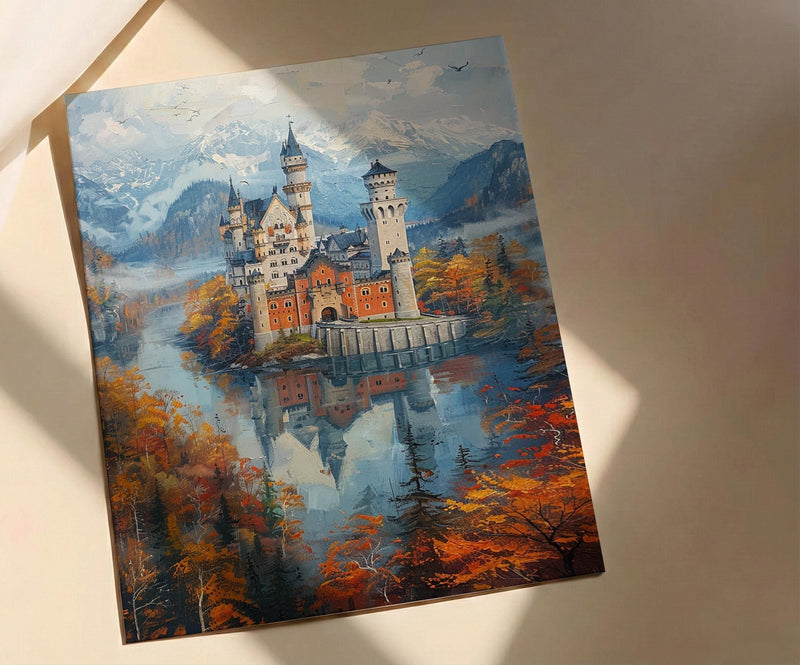 Fairytale Castle Art, Neuschwanstein Print, Germany Travel, Impasto Oil Painting, Dreamy Landscape, Princess Room Decor, Fog