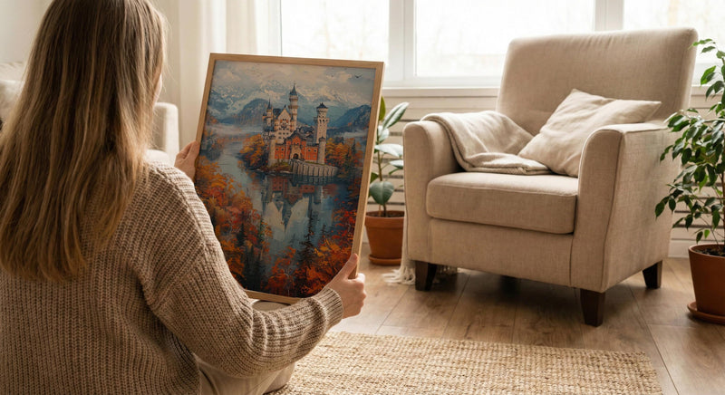 Fairytale Castle Art, Neuschwanstein Print, Germany Travel, Impasto Oil Painting, Dreamy Landscape, Princess Room Decor, Fog