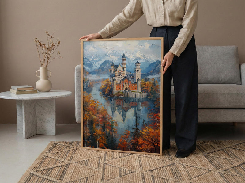 Fairytale Castle Art, Neuschwanstein Print, Germany Travel, Impasto Oil Painting, Dreamy Landscape, Princess Room Decor, Fog