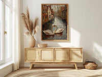 Bruges Wall Art, Belgium Canal Print, Swan Love, Impasto Oil Painting, Medieval Town, Romantic Landscape, Peaceful Decor