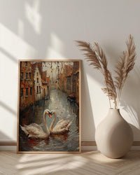 Bruges Wall Art, Belgium Canal Print, Swan Love, Impasto Oil Painting, Medieval Town, Romantic Landscape, Peaceful Decor