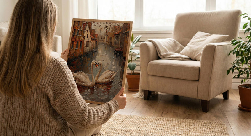 Bruges Wall Art, Belgium Canal Print, Swan Love, Impasto Oil Painting, Medieval Town, Romantic Landscape, Peaceful Decor