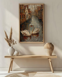 Bruges Wall Art, Belgium Canal Print, Swan Love, Impasto Oil Painting, Medieval Town, Romantic Landscape, Peaceful Decor