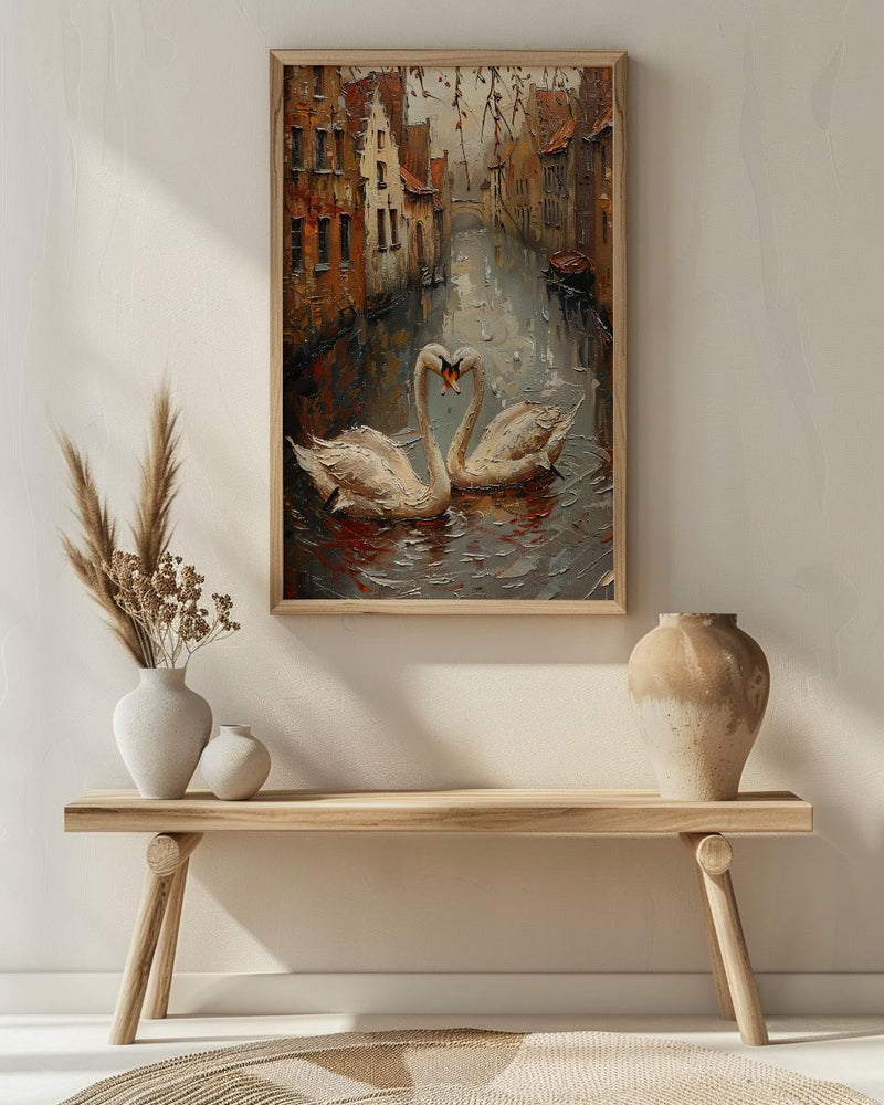 Bruges Wall Art, Belgium Canal Print, Swan Love, Impasto Oil Painting, Medieval Town, Romantic Landscape, Peaceful Decor