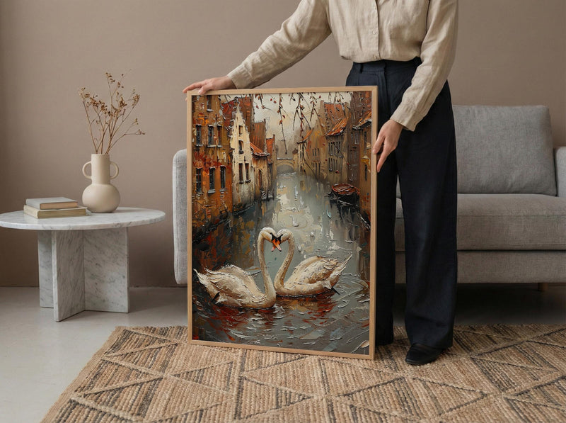 Bruges Wall Art, Belgium Canal Print, Swan Love, Impasto Oil Painting, Medieval Town, Romantic Landscape, Peaceful Decor
