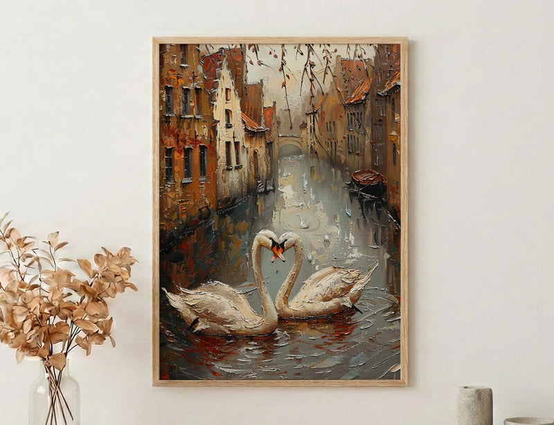 Bruges Wall Art, Belgium Canal Print, Swan Love, Impasto Oil Painting, Medieval Town, Romantic Landscape, Peaceful Decor