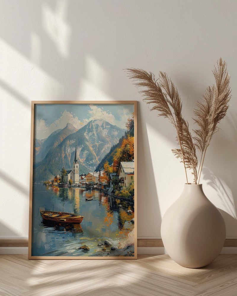 Hallstatt Wall Art, Austria Village Print, Lake Reflection, Impasto Oil Painting, Mountain Landscape, Serene Decor, Travel Gift