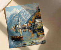Hallstatt Wall Art, Austria Village Print, Lake Reflection, Impasto Oil Painting, Mountain Landscape, Serene Decor, Travel Gift