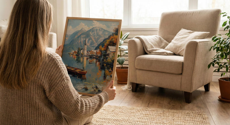Hallstatt Wall Art, Austria Village Print, Lake Reflection, Impasto Oil Painting, Mountain Landscape, Serene Decor, Travel Gift