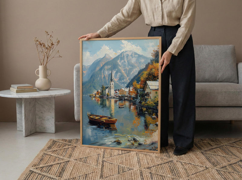 Hallstatt Wall Art, Austria Village Print, Lake Reflection, Impasto Oil Painting, Mountain Landscape, Serene Decor, Travel Gift