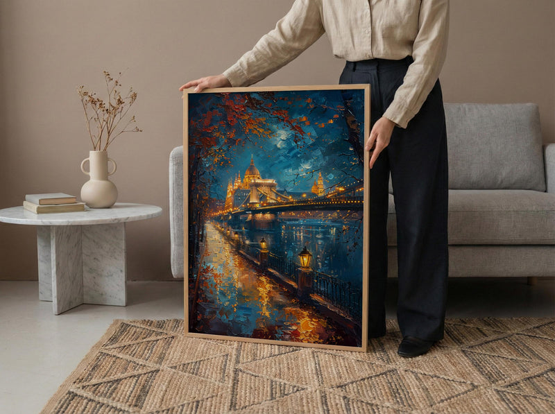 Budapest Wall Art, Chain Bridge Print, Hungary Travel, Impasto Oil Painting, Night Cityscape, Golden Lights, Romantic View