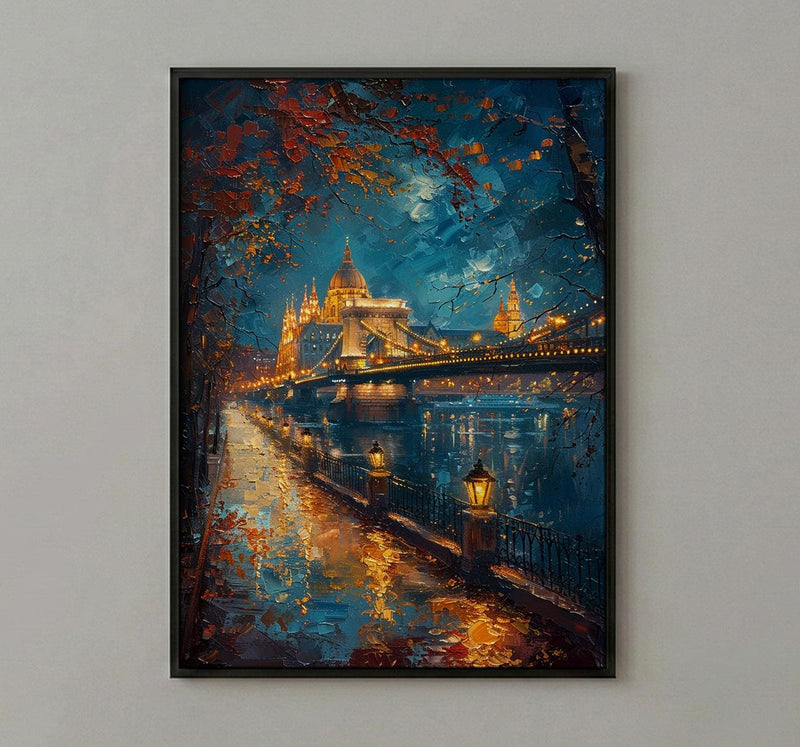 Budapest Wall Art, Chain Bridge Print, Hungary Travel, Impasto Oil Painting, Night Cityscape, Golden Lights, Romantic View