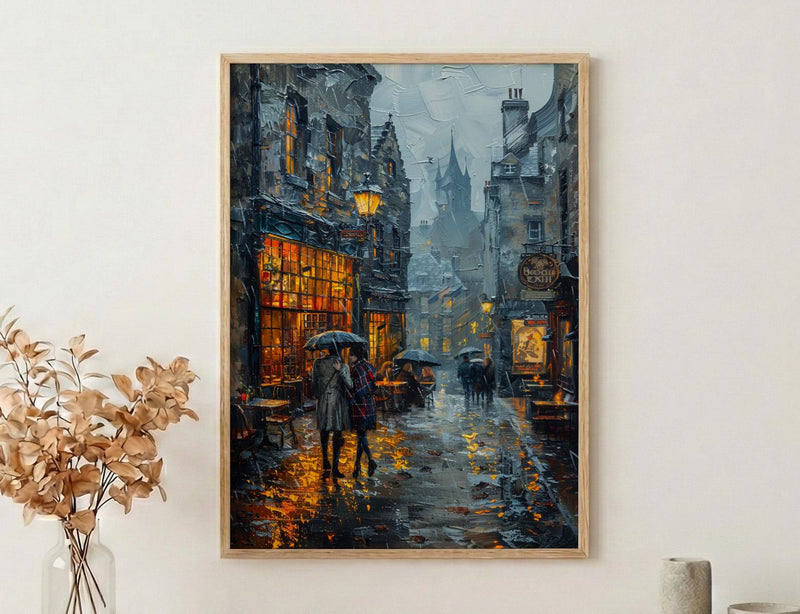 Edinburgh Wall Art, Royal Mile Print, Scotland Travel, Impasto Oil Painting, Moody Rainy Street, Gothic Decor, Dark Academia