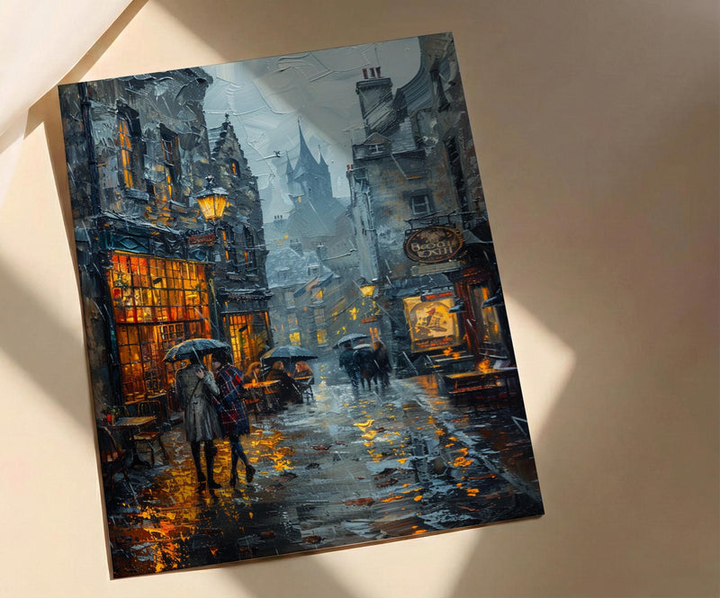 Edinburgh Wall Art, Royal Mile Print, Scotland Travel, Impasto Oil Painting, Moody Rainy Street, Gothic Decor, Dark Academia