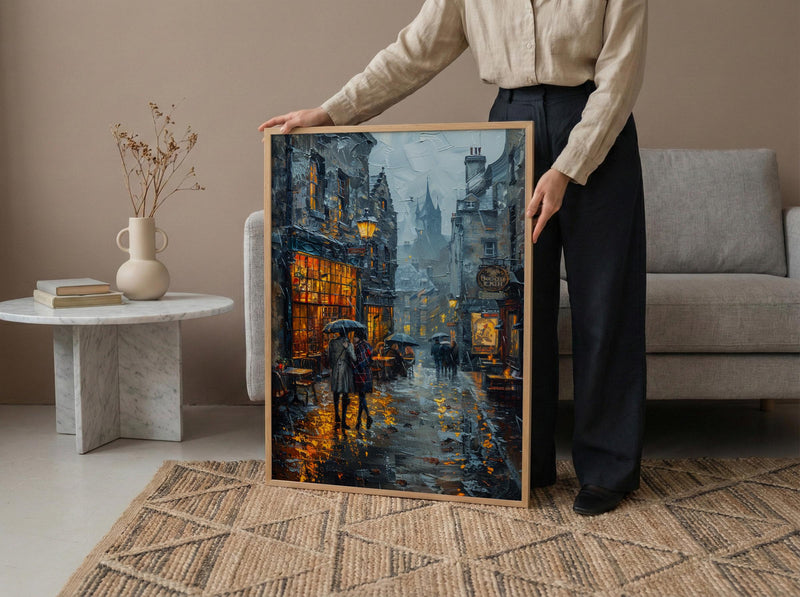 Edinburgh Wall Art, Royal Mile Print, Scotland Travel, Impasto Oil Painting, Moody Rainy Street, Gothic Decor, Dark Academia