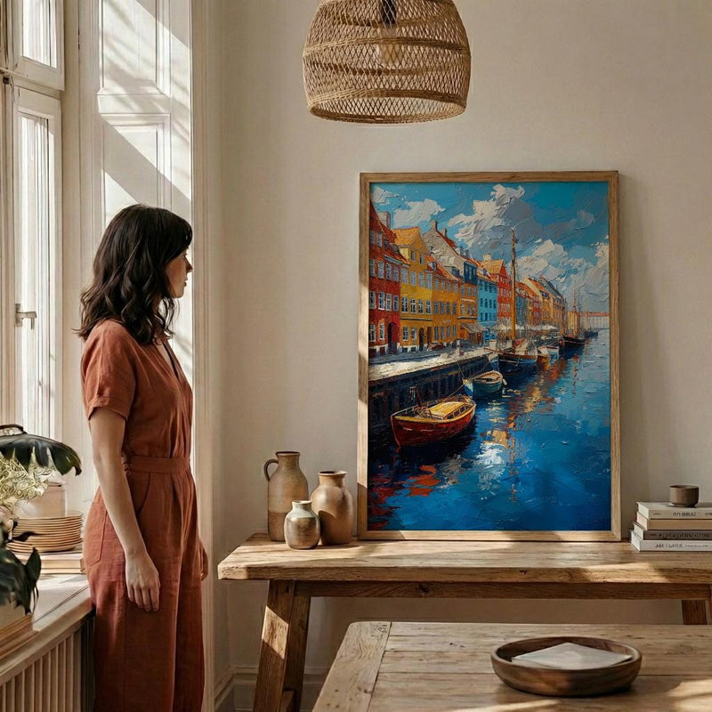 Copenhagen Wall Art, Nyhavn Harbor Print, Colorful Houses, Impasto Oil Painting, Denmark Decor, Hygge Art, Scandi Style