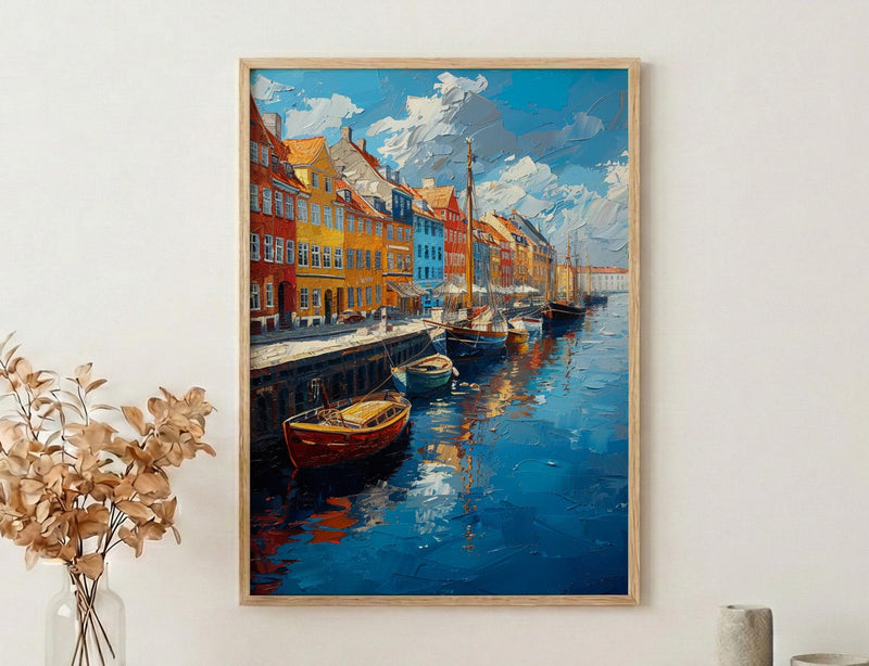 Copenhagen Wall Art, Nyhavn Harbor Print, Colorful Houses, Impasto Oil Painting, Denmark Decor, Hygge Art, Scandi Style