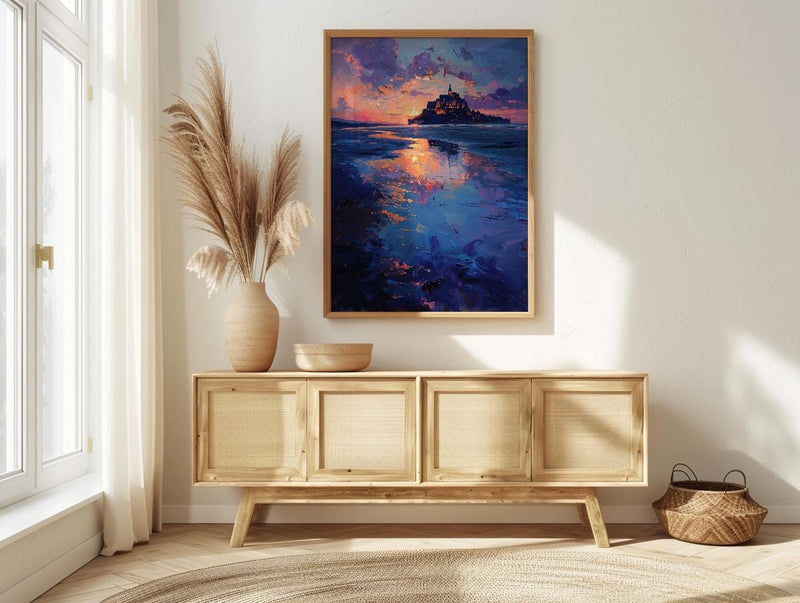 Mont Saint Michel Art, France Landmark Print, Mystical Castle, Impasto Oil Painting, Twilight Landscape, Fantasy Decor, Tide