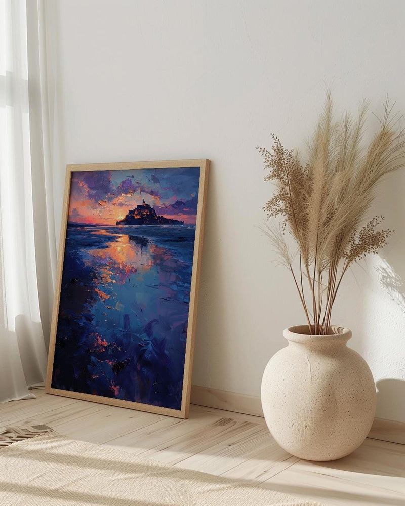 Mont Saint Michel Art, France Landmark Print, Mystical Castle, Impasto Oil Painting, Twilight Landscape, Fantasy Decor, Tide