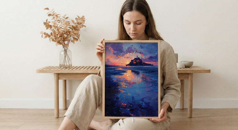 Mont Saint Michel Art, France Landmark Print, Mystical Castle, Impasto Oil Painting, Twilight Landscape, Fantasy Decor, Tide