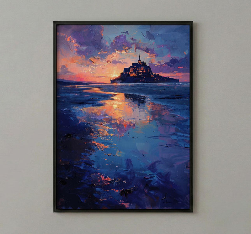 Mont Saint Michel Art, France Landmark Print, Mystical Castle, Impasto Oil Painting, Twilight Landscape, Fantasy Decor, Tide