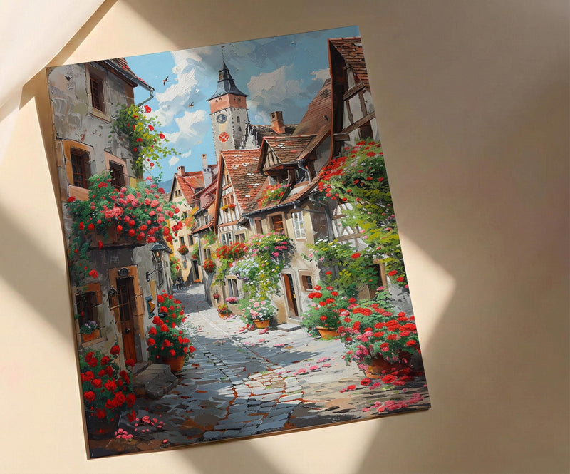Rothenburg Wall Art, Medieval Town Print, Germany Travel, Impasto Oil Painting, Half Timbered House, Fairytale Village, Cute, Wedding Gift