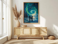 Northern Lights Art, Aurora Borealis Print, Lapland Landscape, Impasto Oil Painting, Winter Love, Snowy Night, Galaxy Decor, Wedding Gift