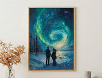 Northern Lights Art, Aurora Borealis Print, Lapland Landscape, Impasto Oil Painting, Winter Love, Snowy Night, Galaxy Decor, Wedding Gift