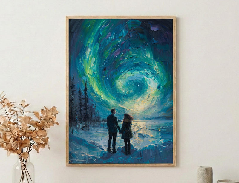 Northern Lights Art, Aurora Borealis Print, Lapland Landscape, Impasto Oil Painting, Winter Love, Snowy Night, Galaxy Decor, Wedding Gift