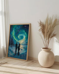 Northern Lights Art, Aurora Borealis Print, Lapland Landscape, Impasto Oil Painting, Winter Love, Snowy Night, Galaxy Decor, Wedding Gift