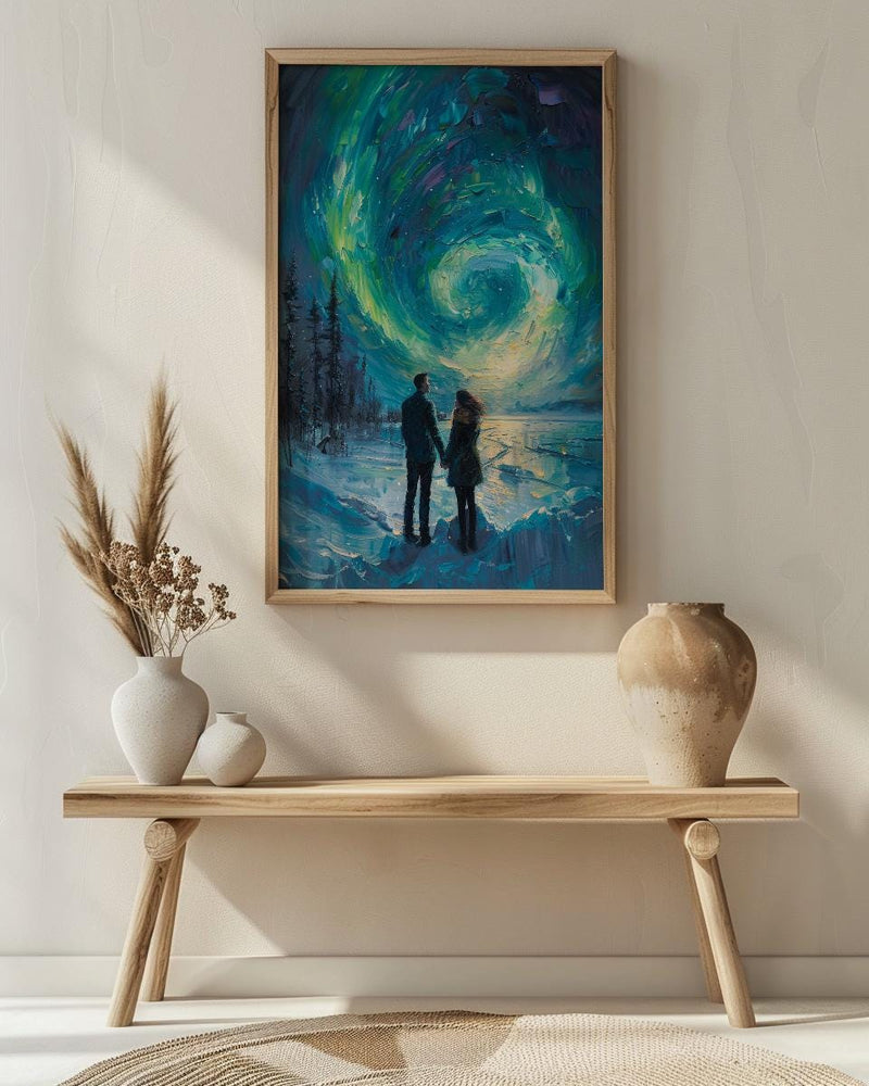 Northern Lights Art, Aurora Borealis Print, Lapland Landscape, Impasto Oil Painting, Winter Love, Snowy Night, Galaxy Decor, Wedding Gift