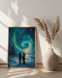 Northern Lights Art, Aurora Borealis Print, Lapland Landscape, Impasto Oil Painting, Winter Love, Snowy Night, Galaxy Decor, Wedding Gift