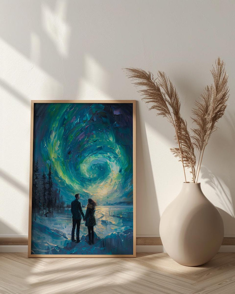 Northern Lights Art, Aurora Borealis Print, Lapland Landscape, Impasto Oil Painting, Winter Love, Snowy Night, Galaxy Decor, Wedding Gift