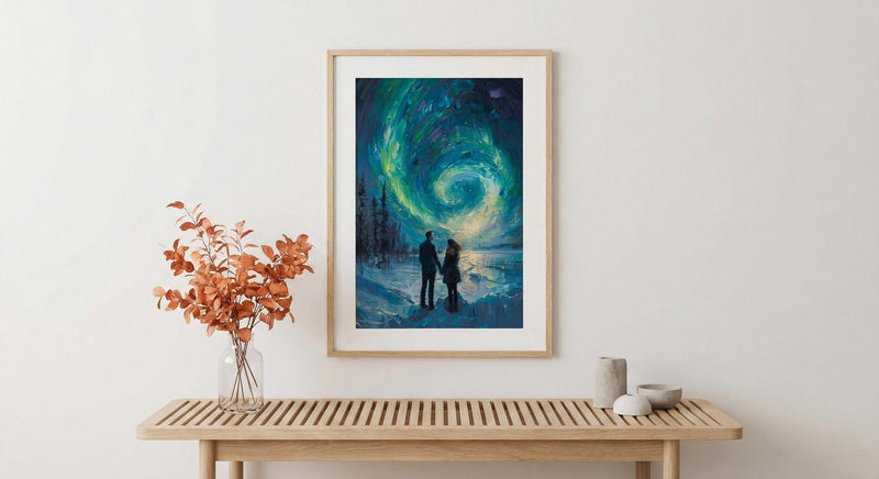 Northern Lights Art, Aurora Borealis Print, Lapland Landscape, Impasto Oil Painting, Winter Love, Snowy Night, Galaxy Decor, Wedding Gift