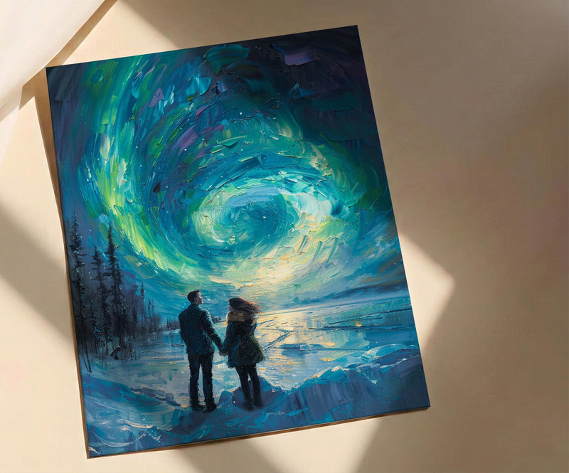 Northern Lights Art, Aurora Borealis Print, Lapland Landscape, Impasto Oil Painting, Winter Love, Snowy Night, Galaxy Decor, Wedding Gift