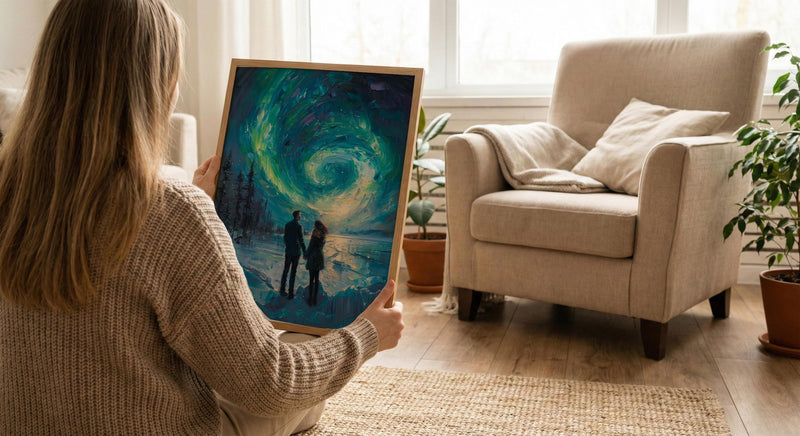 Northern Lights Art, Aurora Borealis Print, Lapland Landscape, Impasto Oil Painting, Winter Love, Snowy Night, Galaxy Decor, Wedding Gift