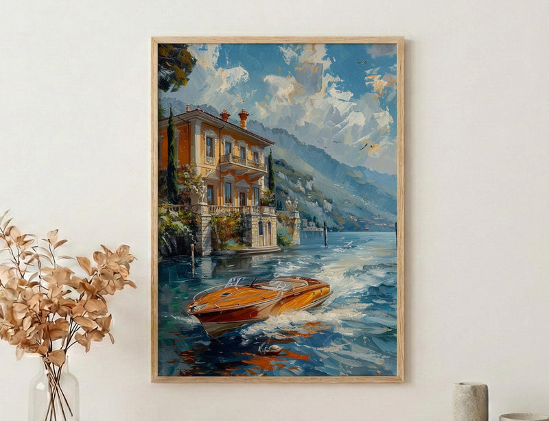 Lake Como Wall Art, Italian Villa Print, Luxury Travel Decor, Impasto Oil Painting, Garden Landscape, Anniversary Gift, Italy Lake