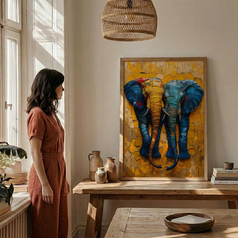 Elephant Couple Art, African Decor, Safari Nursery Print, Impasto Oil Painting, Animal Love, Kente Pattern, Good Luck Gift