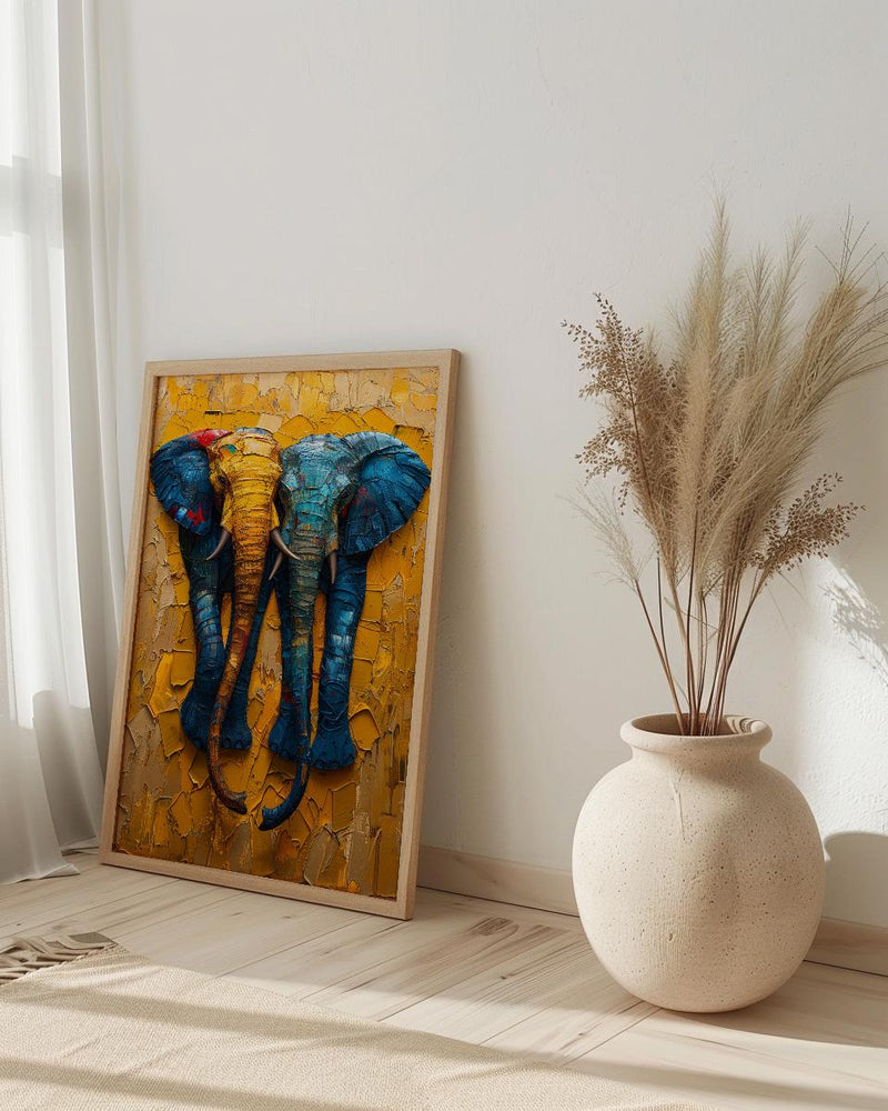 Elephant Couple Art, African Decor, Safari Nursery Print, Impasto Oil Painting, Animal Love, Kente Pattern, Good Luck Gift