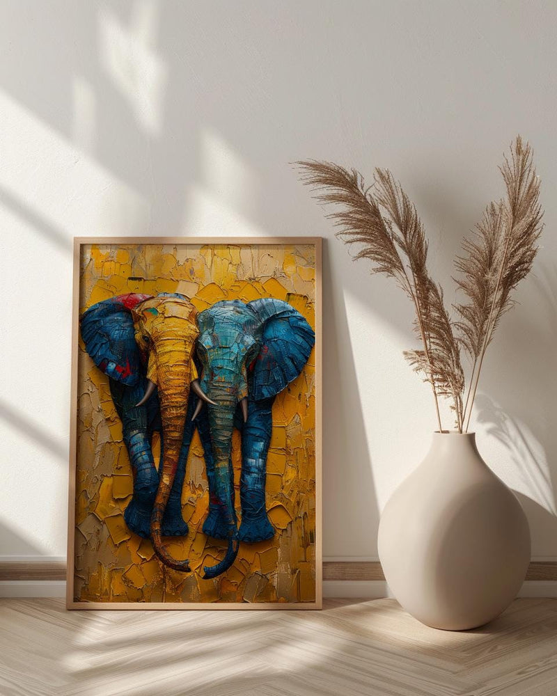 Elephant Couple Art, African Decor, Safari Nursery Print, Impasto Oil Painting, Animal Love, Kente Pattern, Good Luck Gift