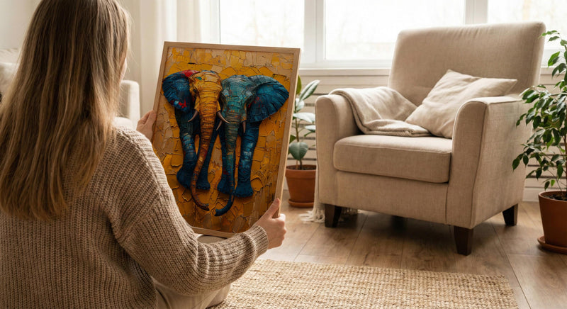 Elephant Couple Art, African Decor, Safari Nursery Print, Impasto Oil Painting, Animal Love, Kente Pattern, Good Luck Gift
