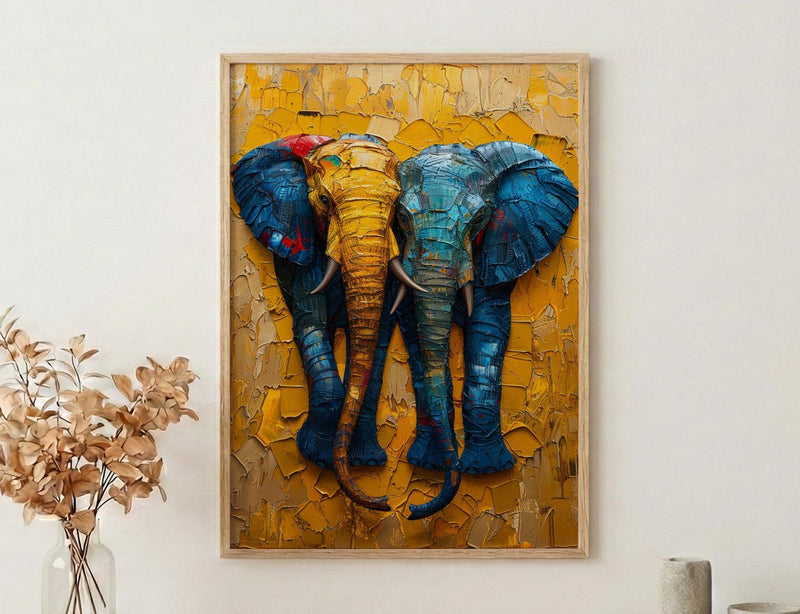 Elephant Couple Art, African Decor, Safari Nursery Print, Impasto Oil Painting, Animal Love, Kente Pattern, Good Luck Gift