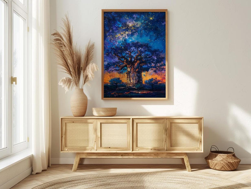 Baobab Tree Art, African Landscape, Tree of Life Print, Impasto Oil Painting, Starry Night, Mystical Decor, Nature Lover Gift