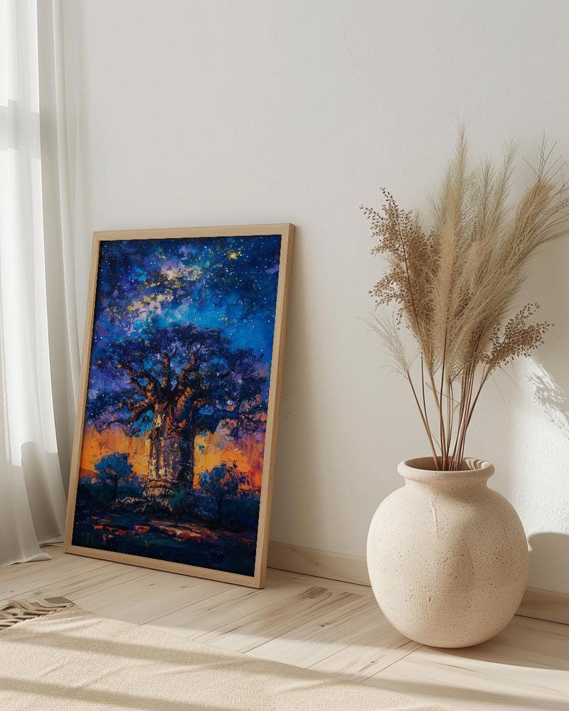 Baobab Tree Art, African Landscape, Tree of Life Print, Impasto Oil Painting, Starry Night, Mystical Decor, Nature Lover Gift